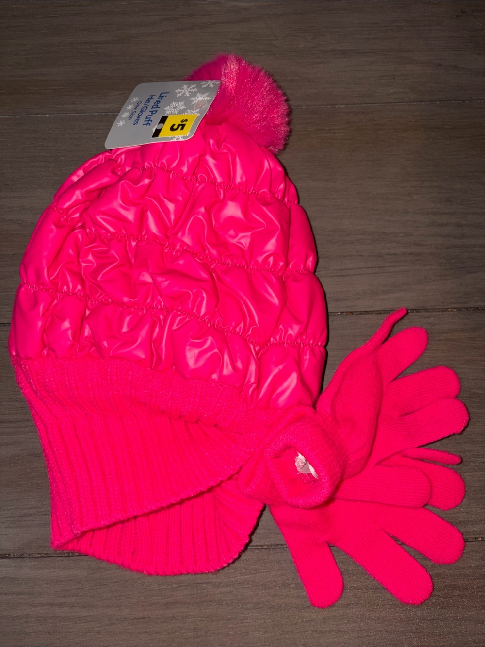 Women’s Bright Pink Pom-Pom Winter Hat with Matching Gloves